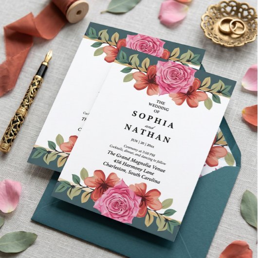 Faire-part de mariage rose rose et sarcelle romant