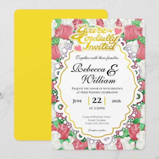 Faire-part de mariage Rose rouge et blanche - Lett (Devant / Derrière)
