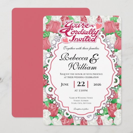 Faire-part de mariage Rose rouge et blanche - Lett (Devant / Derrière)