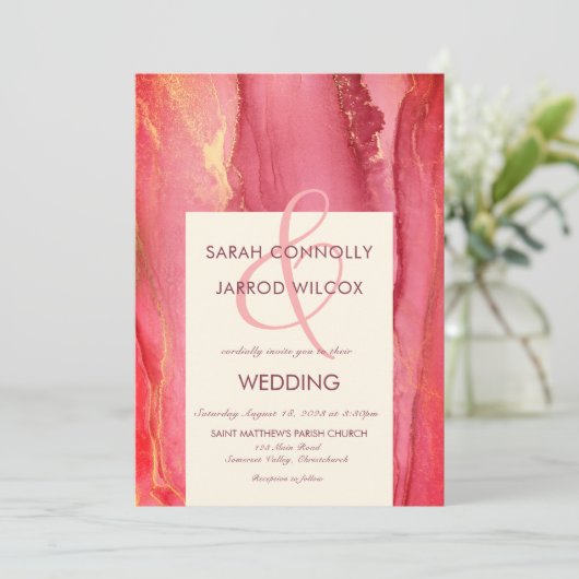 Faire-part de mariage rose vif Abstrait tendance (Debout devant)