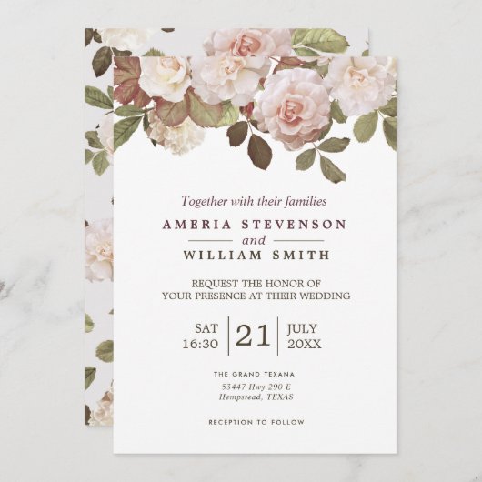 Faire-part de mariage Rose vintage (Devant / Derrière)