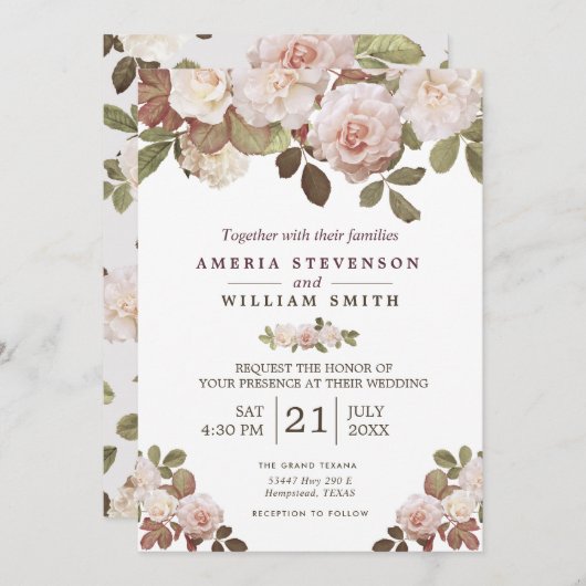 Faire-part de mariage Rose vintage (Devant / Derrière)