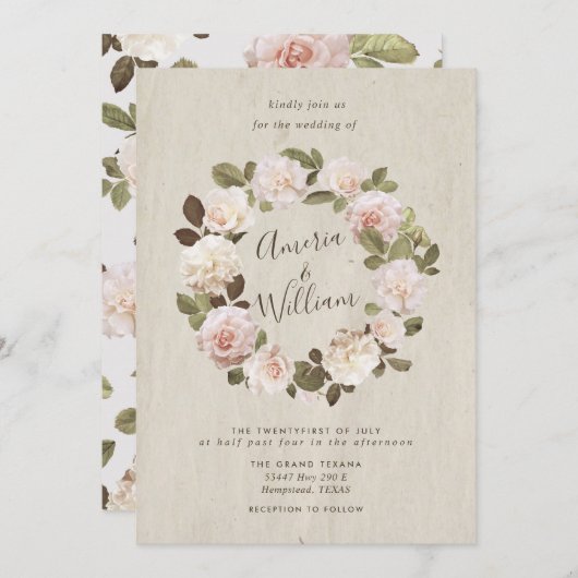 Faire-part de mariage Rose vintage (Devant / Derrière)