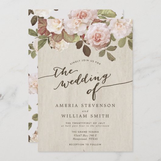 Faire-part de mariage Rose vintage (Devant / Derrière)