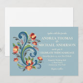 Faire-part de mariage Rosemaling bleu et rouge (Devant / Derrière)