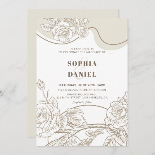 Faire-part de mariage Roses blanches et beige (Devant / Derrière)