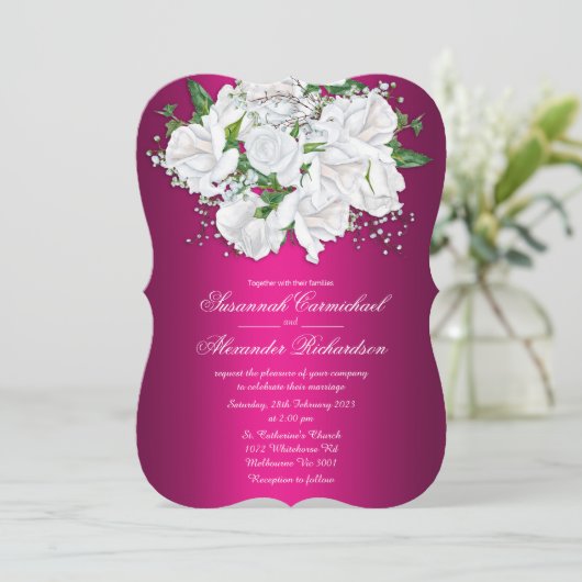 Faire-part de mariage Roses blanches et rose fuchs (Debout devant)