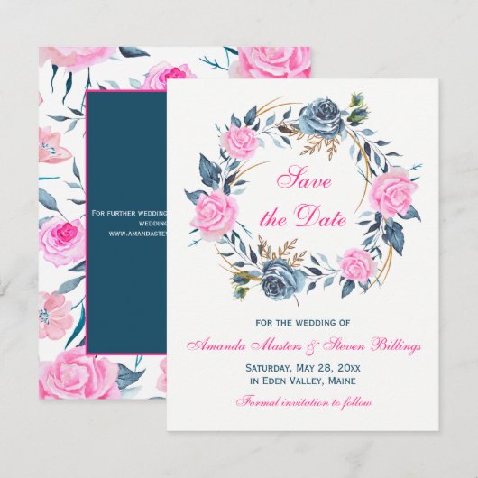 Faire-Part de Mariage - Roses Roses Pink, Bleu (Devant / Derrière)