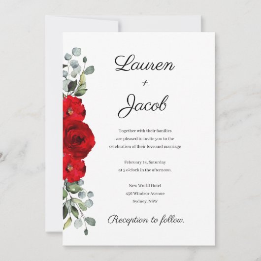 Faire-part de mariage Roses Rouges et Eucalyptus (Devant)