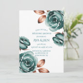 Faire-part de Mariage Roses Sarcelle et Feuilles d (Debout devant)