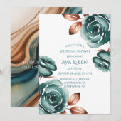 Faire-part de Mariage Roses Sarcelle et Feuilles d (Devant / Derrière)