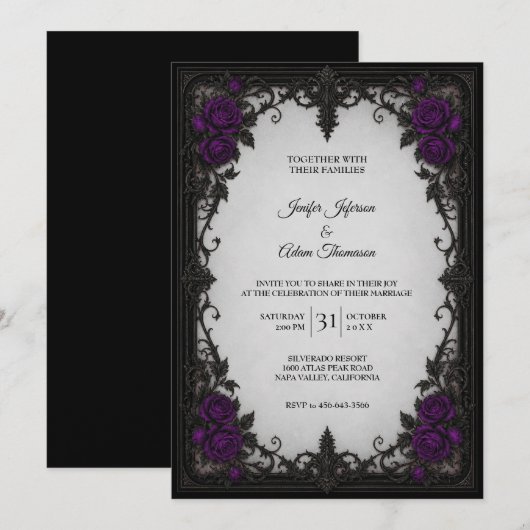 Faire-part de mariage Roses Violettes (Devant / Derrière)