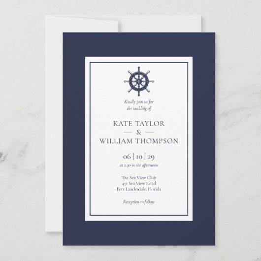 Faire-part de mariage roue de navire bleu marine (Devant)