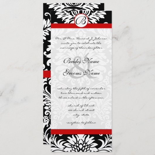 Faire-part de mariage rouge à molette noire Damask (Devant / Derrière)