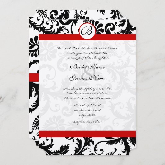 Faire-part de mariage rouge à molette noire Damask (Devant / Derrière)