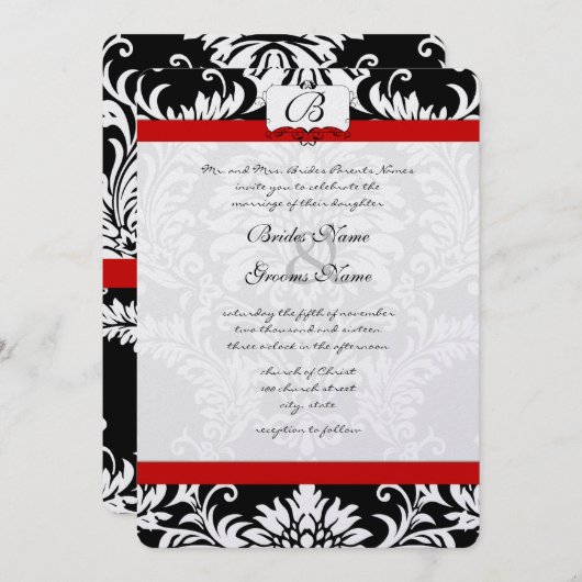 Faire-part de mariage rouge à molette noire Damask (Devant / Derrière)