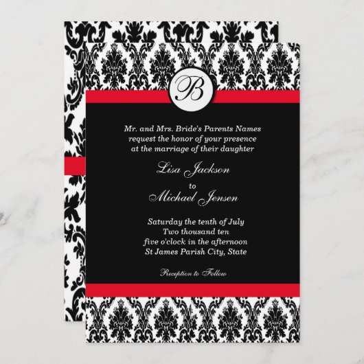 Faire-part de mariage rouge avec damassé monogramm (Devant / Derrière)