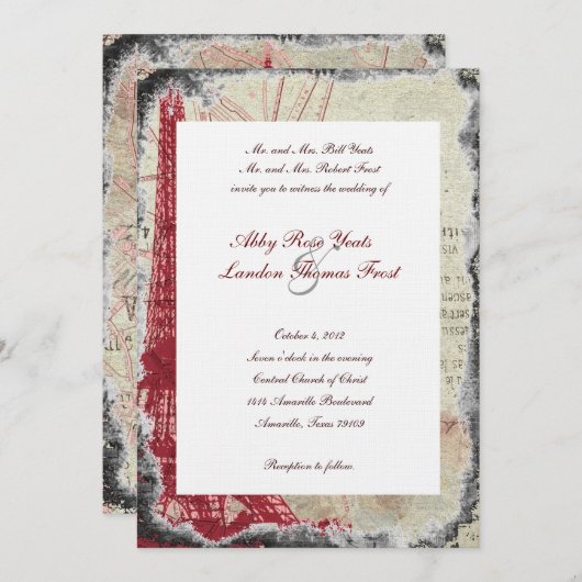 Faire-part de mariage rouge déchiré en lambeaux de (Devant / Derrière)