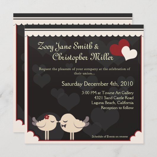 Faire-part de mariage rouge d'inséparables de (Devant / Derrière)