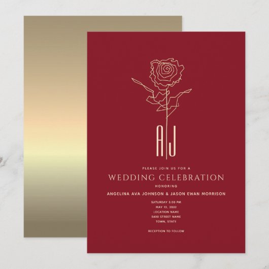 Faire-part de mariage rouge et or Monogramme (Devant / Derrière)