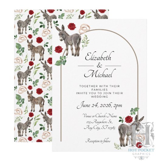 Faire-part de mariage rouge floral Âne rustique