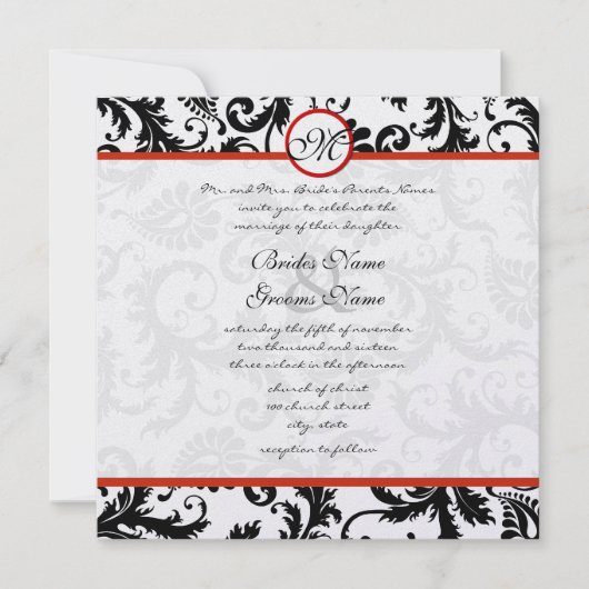 Faire-part de mariage rouge Trim noir Damask (Devant)