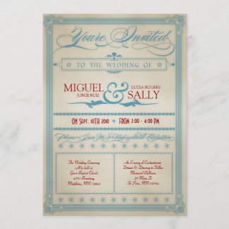 Faire-part de mariage rouge vintage blanc et bleu