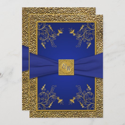 Faire-part de mariage Royal Blue et Gold Monogram (Devant / Derrière)