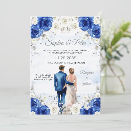 Faire-part de mariage Royal Blue Flowers Roses (Debout devant)