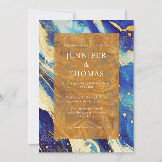 Faire-part de mariage Royal Blue Gold avec code QR (Devant)