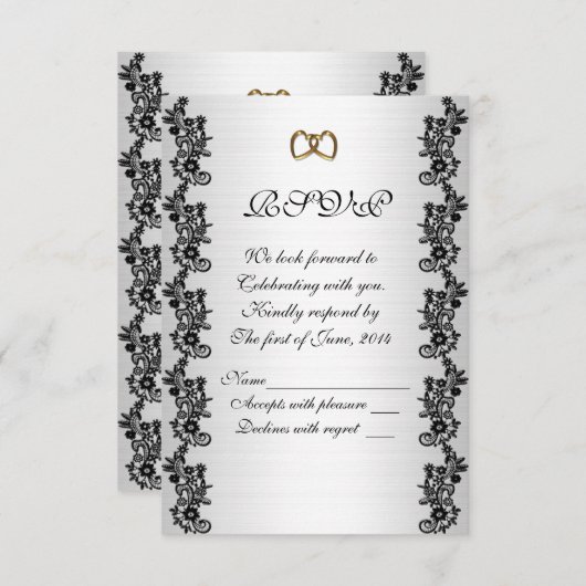 Faire-part de mariage RSVP Satin look noir appliqu (Devant / Derrière)
