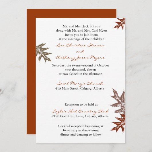 Faire-part de mariage Russe en feuilles de chêne (Devant / Derrière)