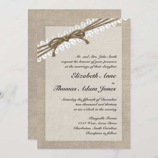 Faire-part de mariage Russe Twine and Lace Burlap  (Devant / Derrière)