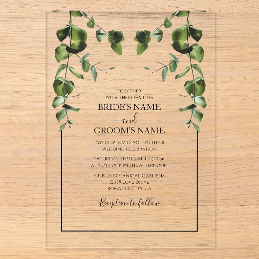 Faire-part de mariage rustique aux feuilles d'euca (Recto)