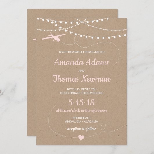 Faire-part de mariage rustique avec avion et lumiè (Devant / Derrière)