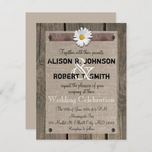 Faire-part de mariage rustique avec marguerite (Devant / Derrière)