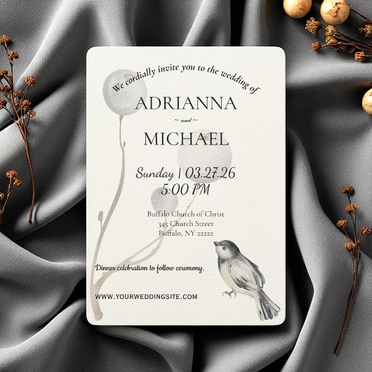 Faire-part de mariage rustique blanc, gris et oise