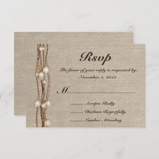Faire-part de mariage Rustique Burlap Twine Pearls (Devant / Derrière)