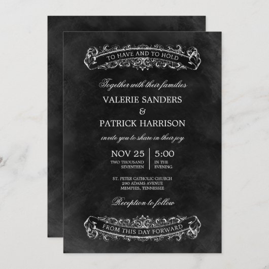 Faire-part de mariage rustique chic - Noir (Devant / Derrière)