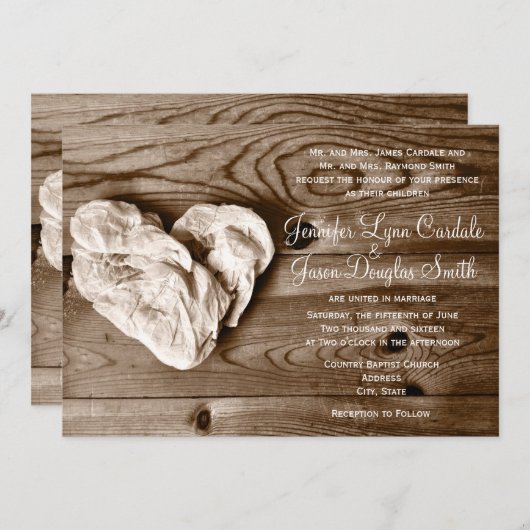 Faire-part de mariage rustique de l'étable en bois (Devant / Derrière)