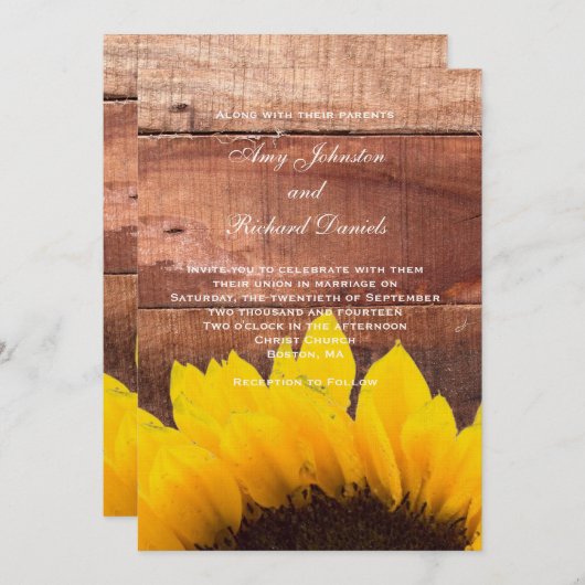 Faire-part de mariage rustique de tournesol (Devant / Derrière)