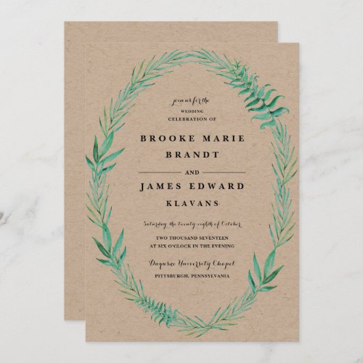 Faire-part de mariage rustique de verdure de couro (Devant / Derrière)