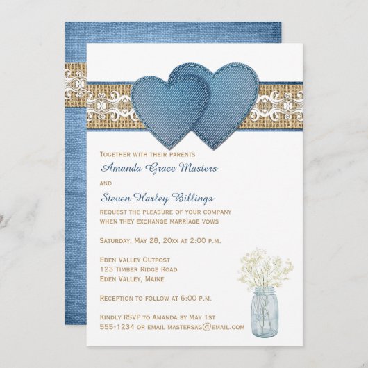 Faire-part de mariage rustique| Denim, Lace, Burla (Devant / Derrière)