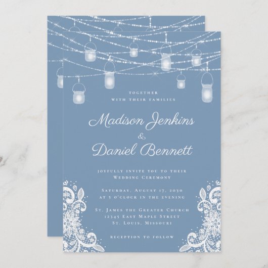 Faire-part de mariage Rustique Dusty Blue Lights (Devant / Derrière)