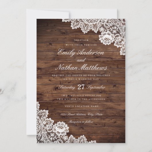 Faire-part de mariage rustique en bois avec dentel (Devant)