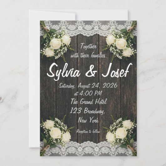 Faire-part de mariage rustique en bois blanc avec (Devant)