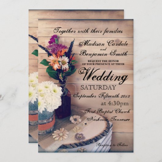 Faire-part de mariage rustique en bois et fleurs (Devant / Derrière)