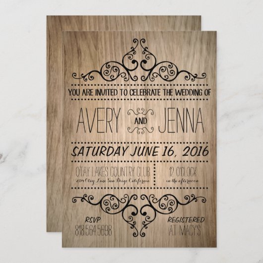 Faire-part de mariage rustique en bois sculpté (Devant / Derrière)