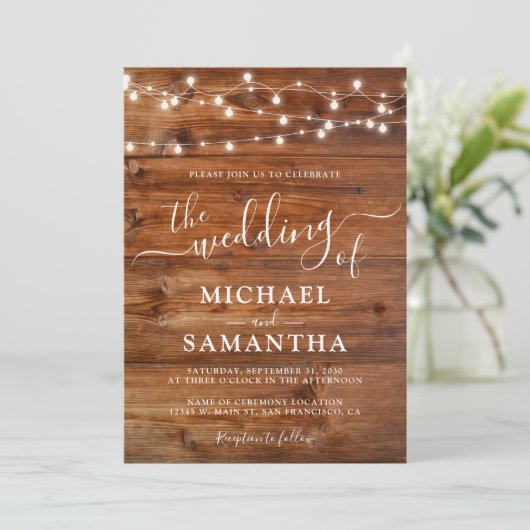 Faire-part de mariage rustique en bois simple et é (Debout devant)