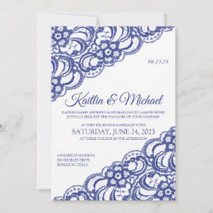 Faire-part de mariage rustique en dentelle - Bleu 
